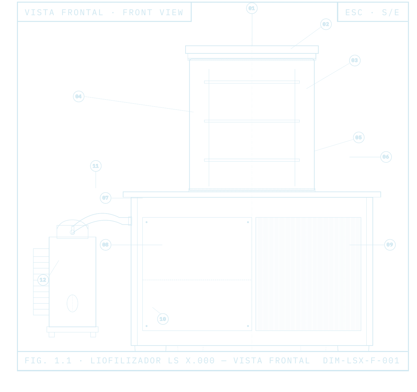 Desenho técnico — vista frontal do liofilizador LS X.000 com os componentes numerados de 01 a 12